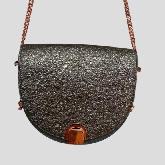 NWOT Ted Baker Silver/Grey Shimmer Roxanne Half Moon Saddle Leather Crossbody - Picture 3 of 16